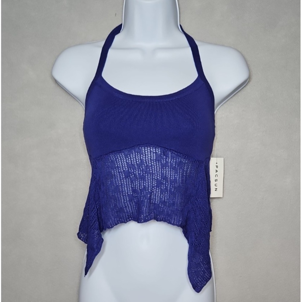 Third Charm Womens Purple Open Knit Halter Crop Top Size XS NWT